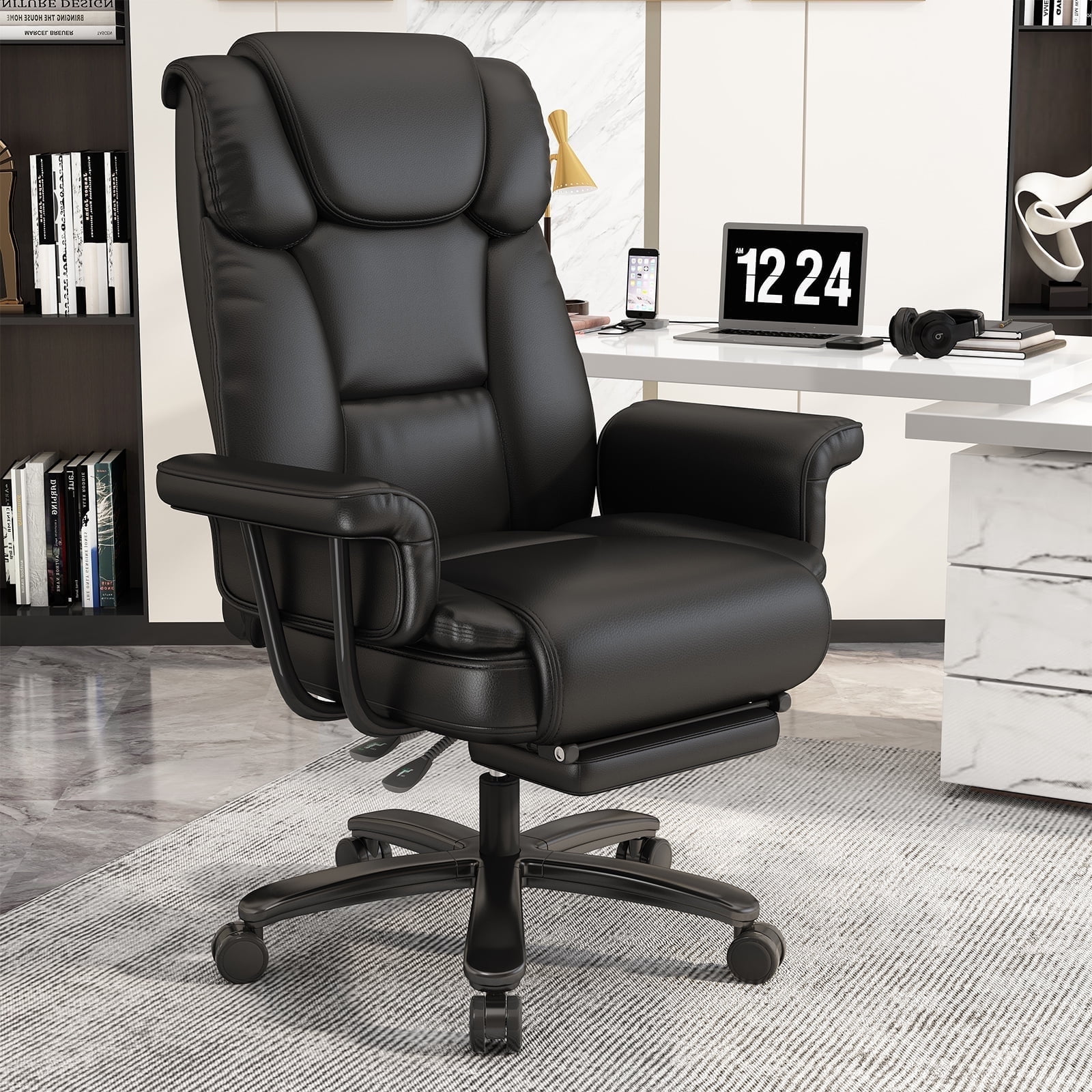 Ninecer High Back Executive Office Chair, Big and Tall PU Leather Office Chair, Heavy Duty Computer Desk Chair, Reclining Office Chair with Footrest 400lbs, Black
