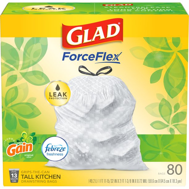Glad ForceFlex Tall Kitchen Trash Bags, 13 Gallon, 80 Count, Gain