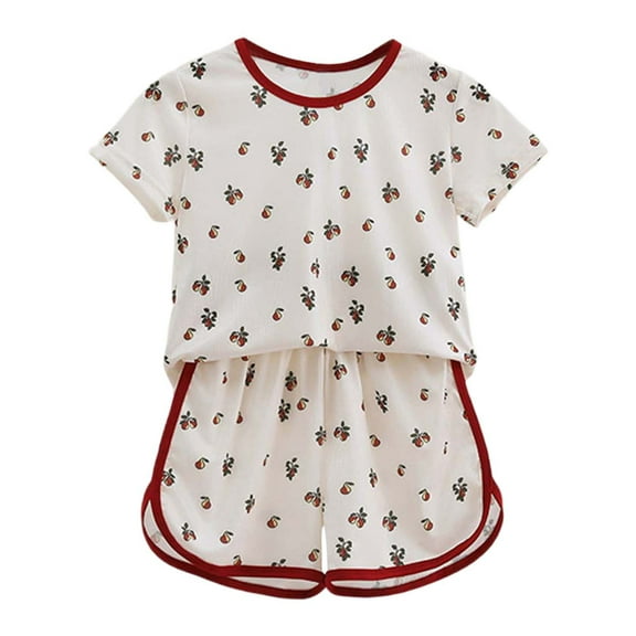 oqasdz Baby Girl Outfits Wooden Ear Edge Short Sleeve Strawberry Print T Shirt Top and Shorts Loose Sportswear 2 Piece Set, Size 6-7 Years