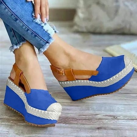 

VKEKIEO Round Toe Block Heels For Women Mid Heel Wedge Blue