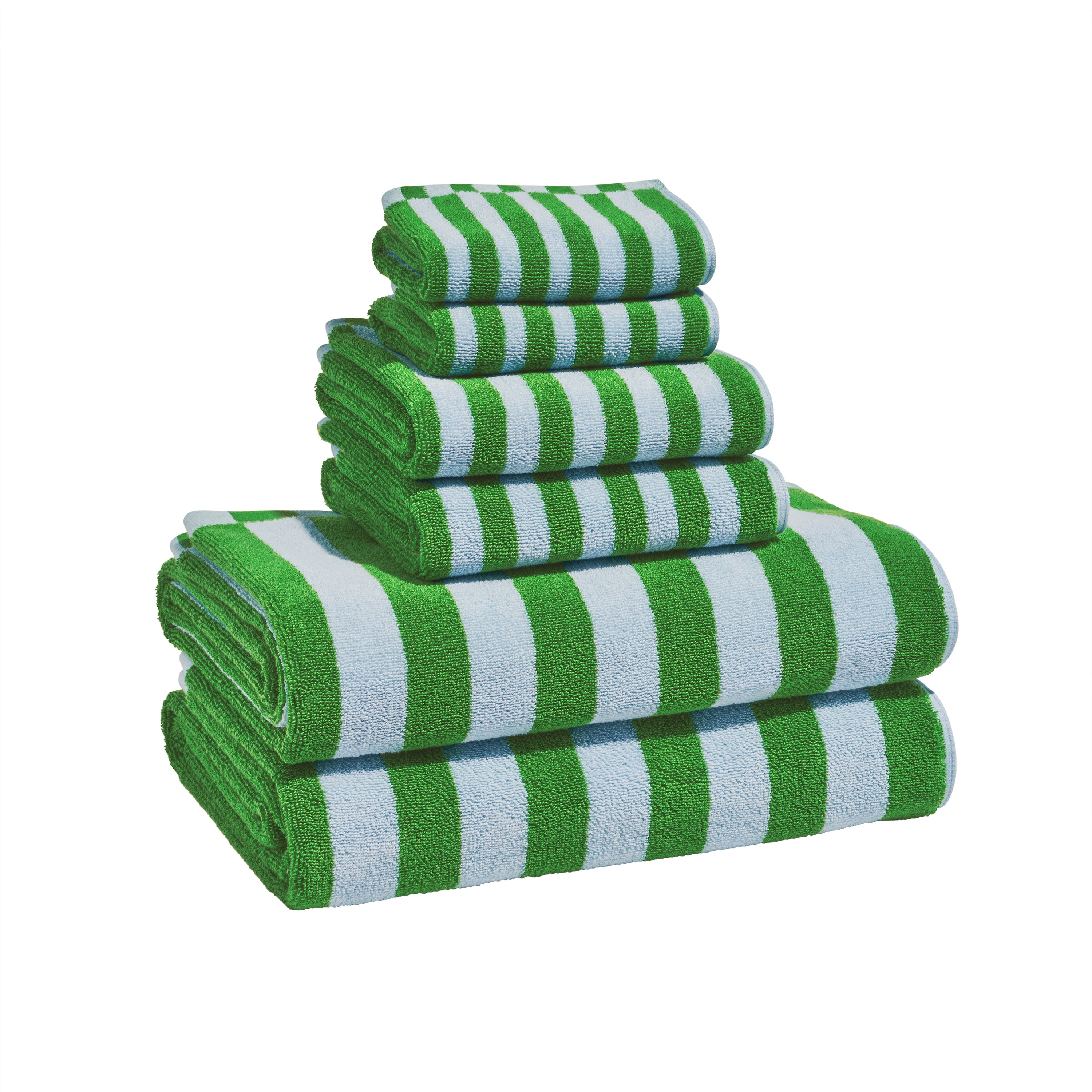 Beautiful by Drew Barrymore 6-Piece Stripe Hem Bath Towel Set, Soft 100% Cotton, Green