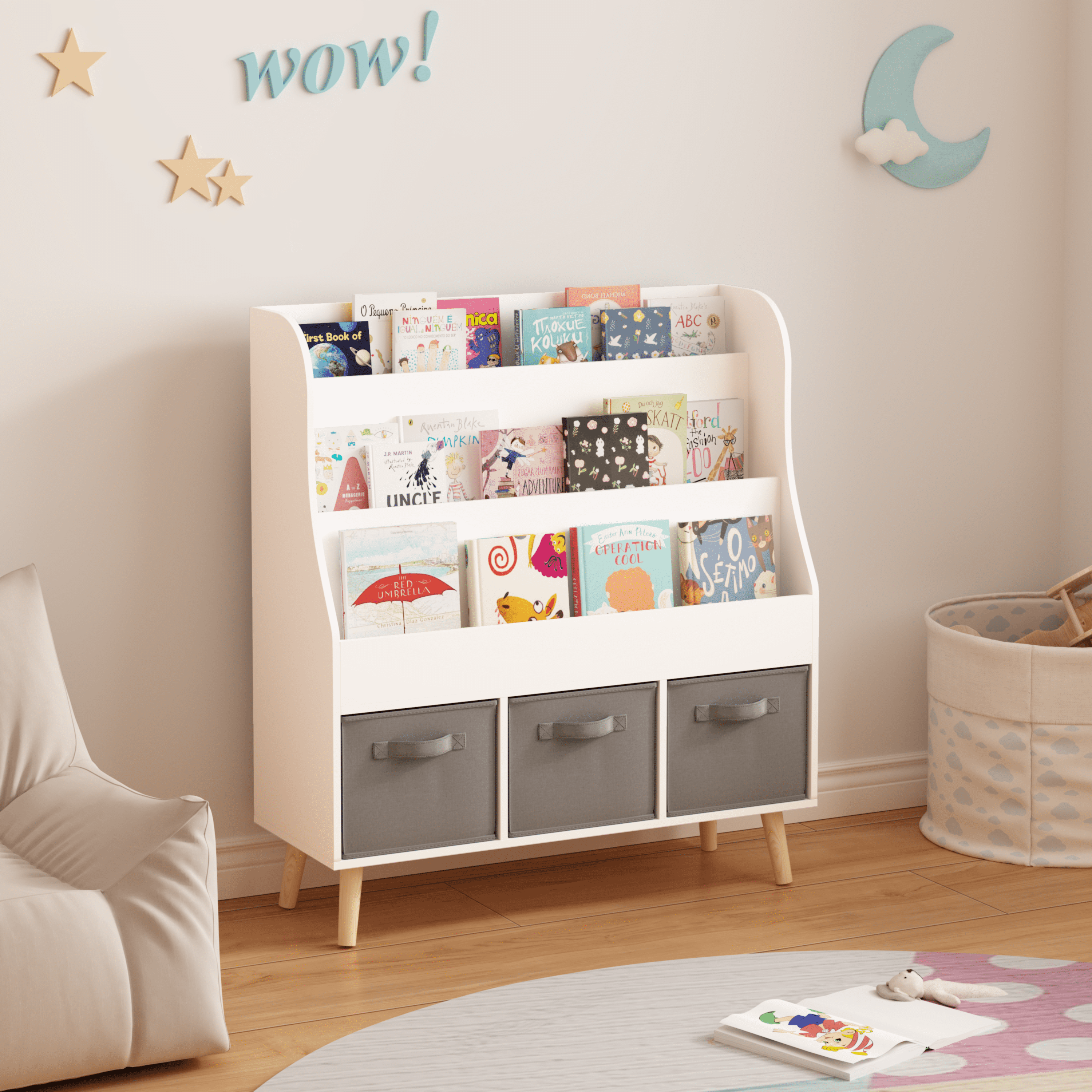 Kids Furniture Kids Bookshelf with 3 Fabric Storage Bins, White Wooden Book Display Organizer for Toddlers and Children, Front-Facing Book Rack with Pine Legs for Playroom, Nursery, or Bedroom,Baby F