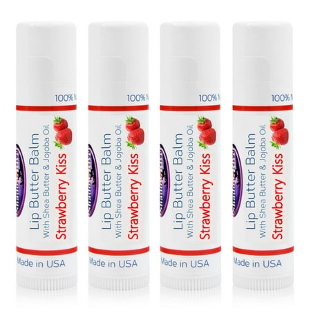 Shadow River Cocoa Butter Lip Balm - 4 Pack Strawberry Kiss Fruity Flavor - All Natural Moisturizer for Dry Chapped