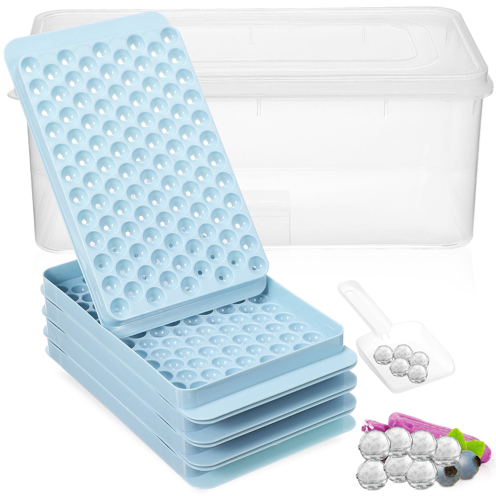 FESTFENDS 4Pcs Freezer Ice Cube Tray Round Ice Tray for Freezer Easy Release Sky-Blue Plastic