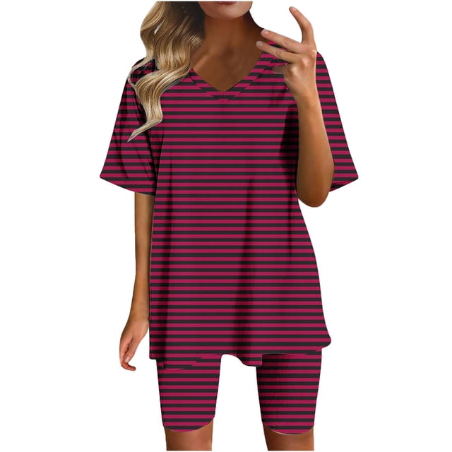 Timegard Ensembles 2 Pcs pour Femmes Été à Rayures Col en V Manches Courtes Hauts Leggings Courts Ensembles Décontractés Confortables