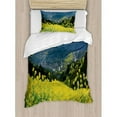 thumbnail image 3 of Nature Duvet Cover Set King Size, Flower Meadow over the Village Mountains in a Row Grass Fresh Field Photo Print, Decorative 3 Piece Bedding Set with 2 Pillow Shams, Yellow Green, by Ambesonne, 3 of 3