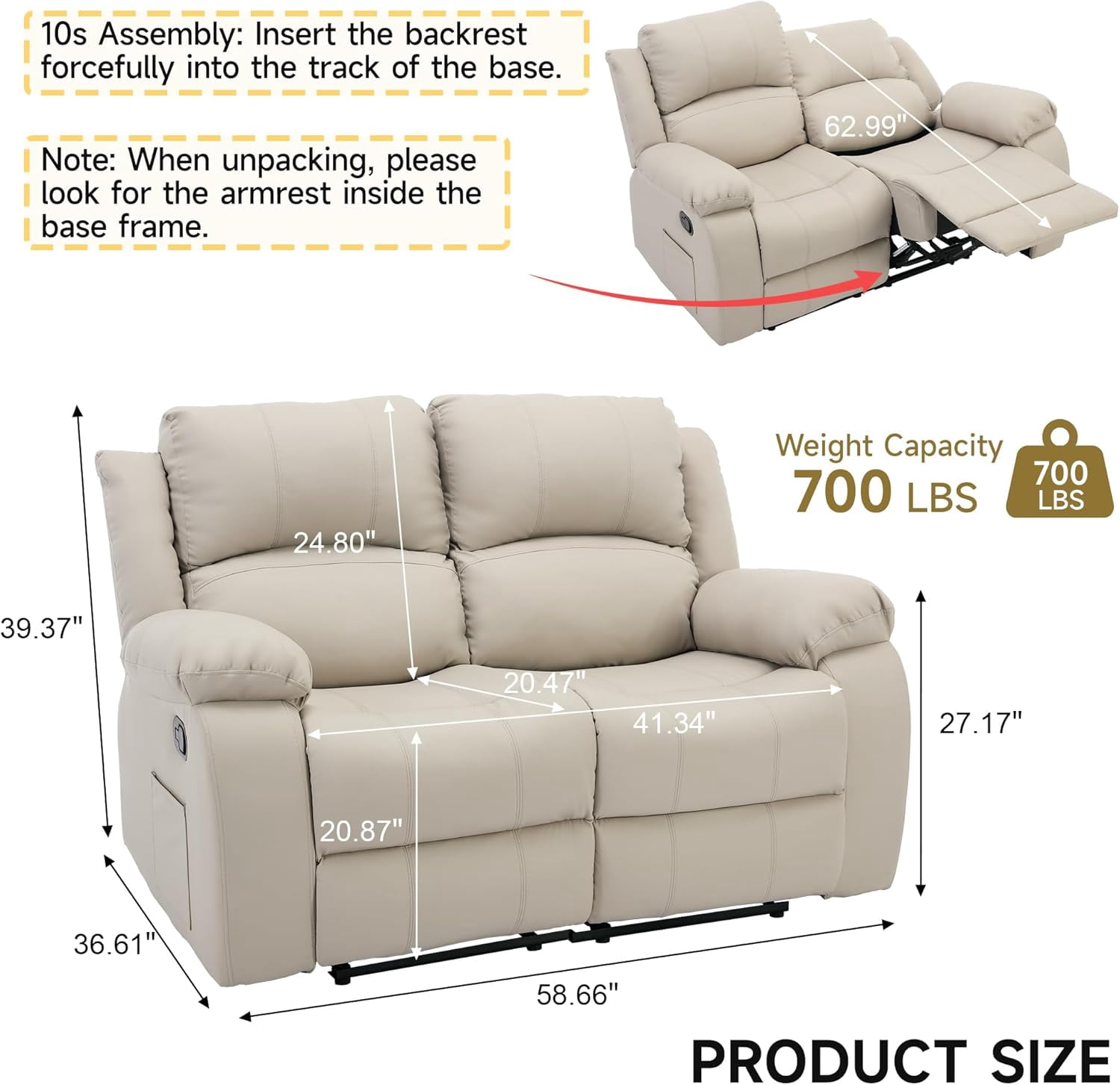 Chizzysit Reclining Couch Sleeper Sofa Set Chaise Lounge Chair Leather Recliner Couch Loveseat for Living Room, Theater Seating - Beige