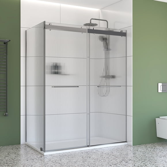 48" x 36" Chrome Corner Sliding Shower Kit – Frameless Double Bypass Doors with 6 mm Fluted Tempered Glass, Right‑Hand Installation & SMC Base