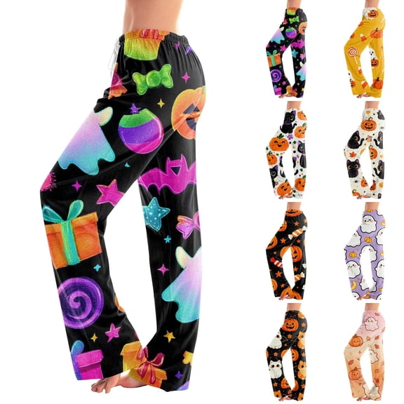 Satingcolo Women Halloween Lounge Pants Comfy Pajama Bottom Drawstring Waist Print Long Pajamas Pants S-2XL