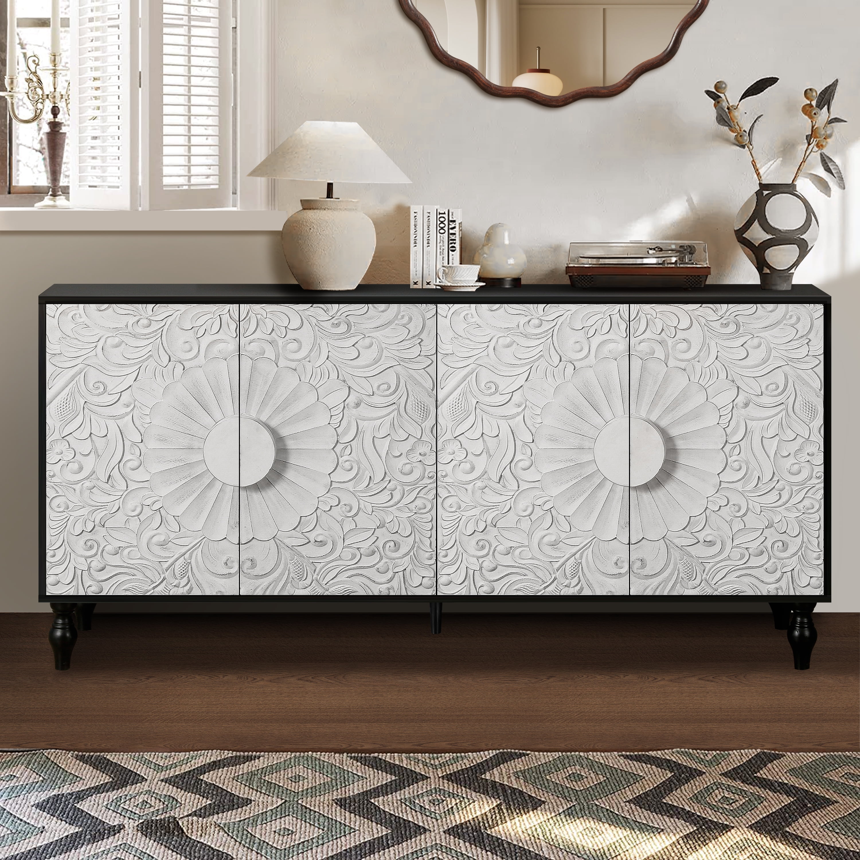 Aukfa 63" Large Accent Storage Cabinet TV Stand with Carved Door for Living Room,Entryway,White