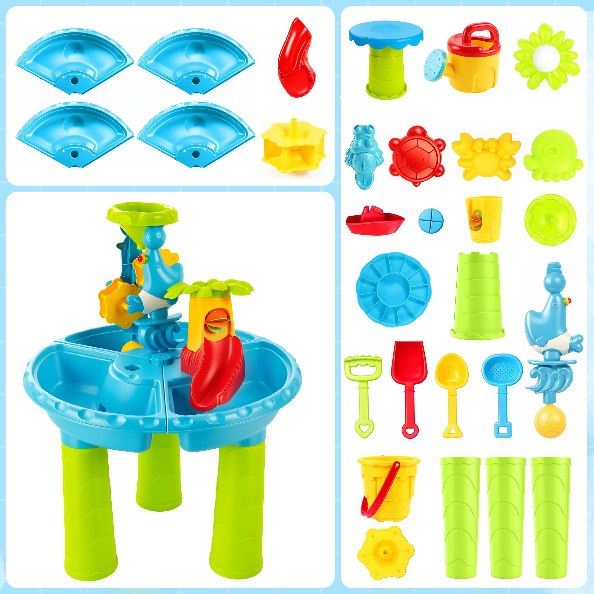 FVLOENG Sand and Water Table for Toddlers 1-3 with Stool, Kids Sensory Activity Table for Water, Sand & Snow Play, Outdoor Backyard Beach Toy, Blue