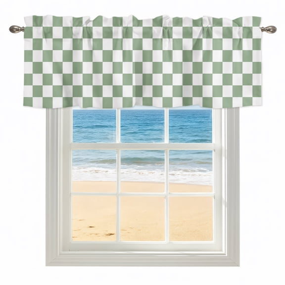 Sage Green Checkerboard Valances for Windows, Rod Pocket Kitchen Valance Curtains - Soft & Washable Small Window Treatment for Living Room, Bathroom, Classic Squares Plaid 42x12inch, 1 Panel