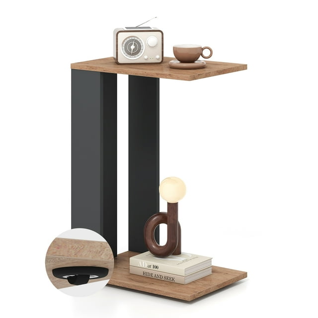 Gymax Table d'Appoint en Forme de C à 2 Niveaux avec Roues Universelles et Tablette pour Petit Espace
