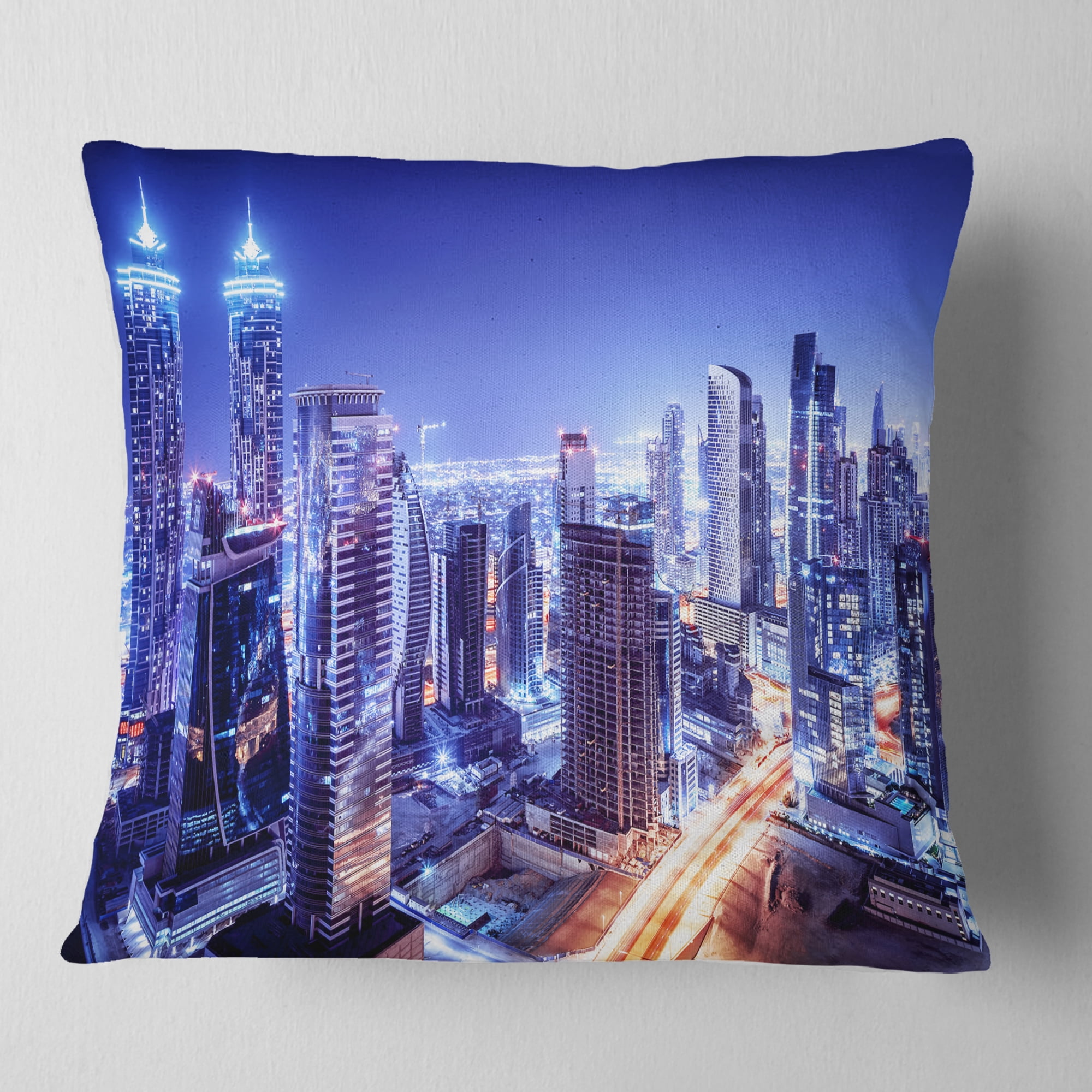 Designart Dubai Downtown Night Scene - Cityscape Photography Throw Pillow - 16x16