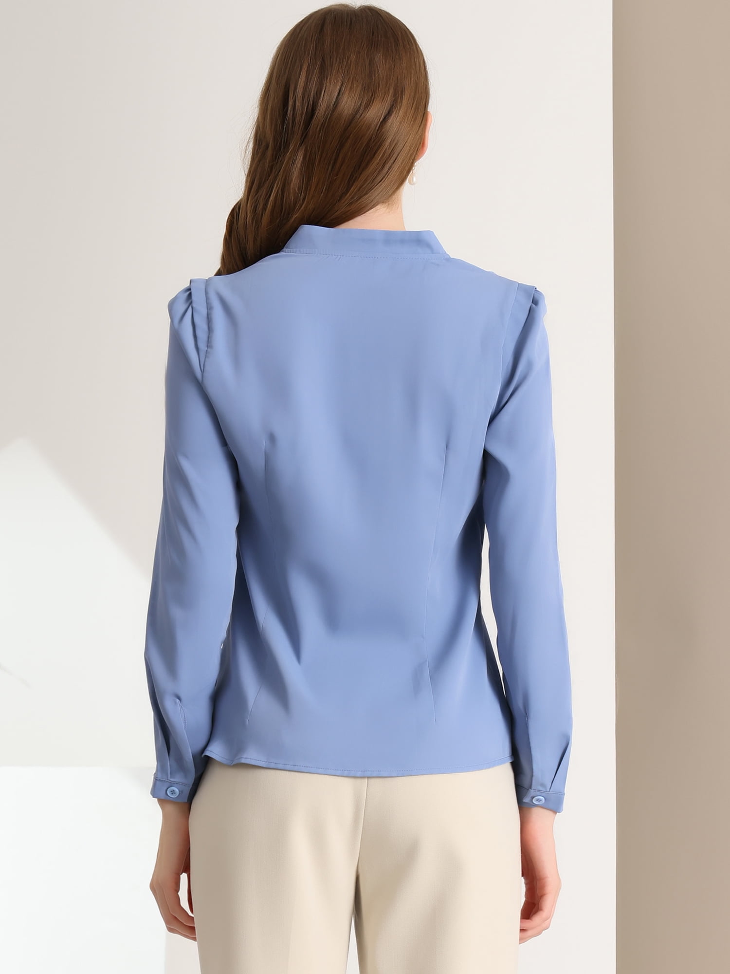 DARING DIVA Women's Elegant V Neck Long Sleeves Button Down Shirt L Blue
