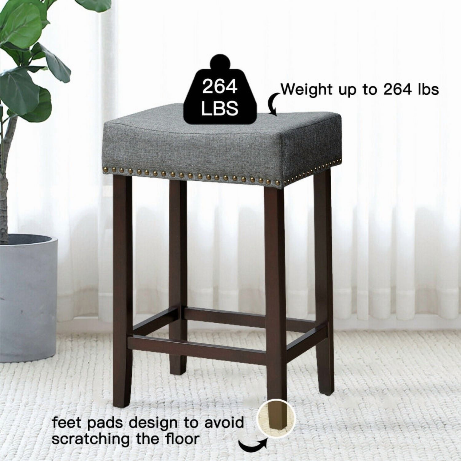 Demi Bonn Set of 2 Nailhead Saddle Bar Stools, 24" Heightdoor Modern Dining Chair, Gray