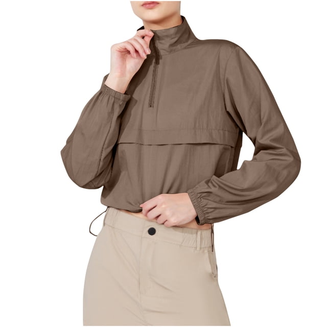 Timegard Hauts pour Femmes Col à Revers Fermeture Éclair Manches Longues Crop Top Cordon de Serrage Randonnée Protection Extérieure Tee