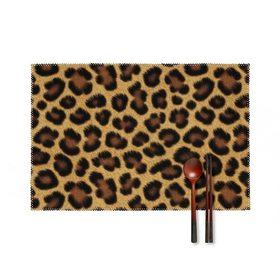 Brown Leopard Print Placemats Set of 4, Heat-Resistant Animal Print Placemats for Dining Table, Washable Table Mats for Party Kitchen Decor, 18" x 12"