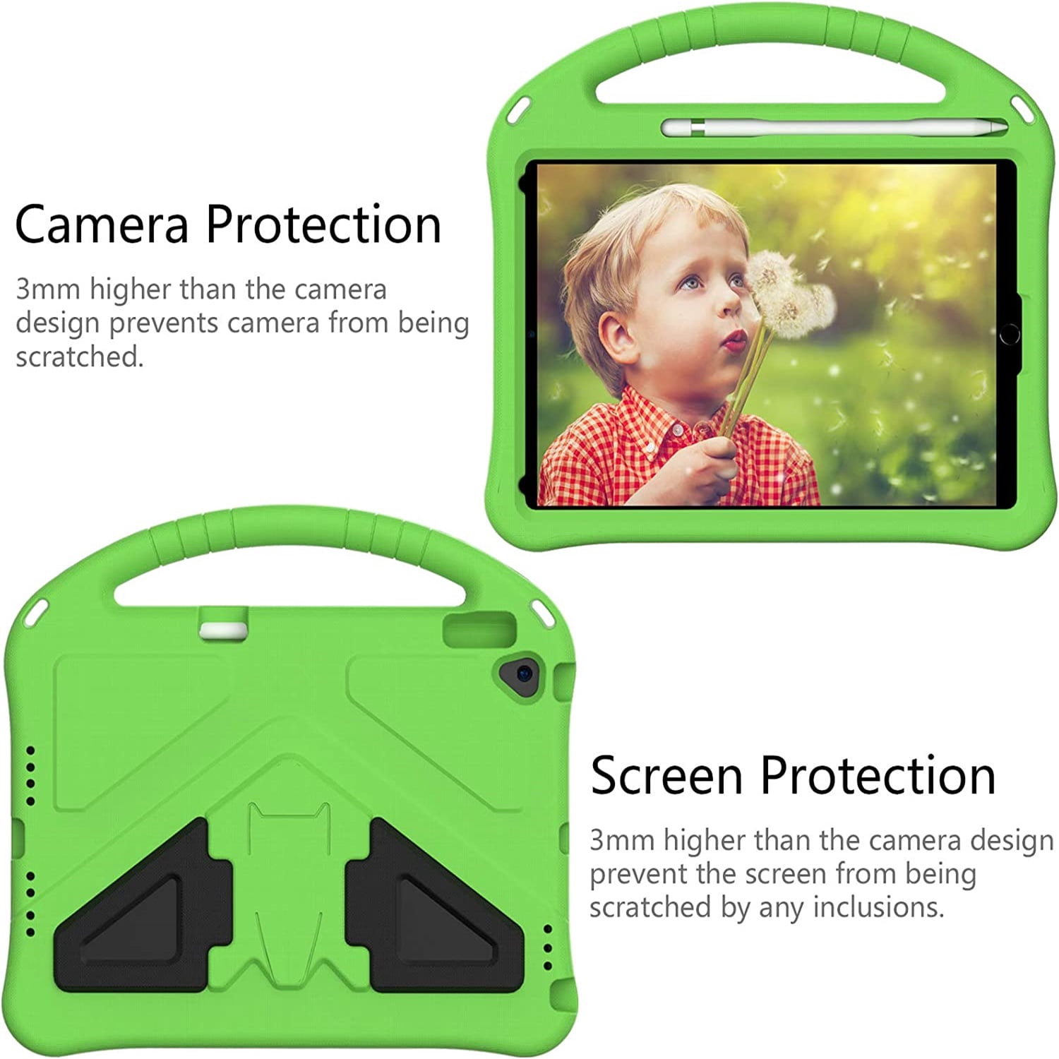 Allytechgroup Kids Case for iPad 9th/8th/7th Generation iPad 10.2 inch 2021/2020/2019 with Kickstand/Handle Stand/Pencil Holder [Screen Protector] Shockproof Cover for Boy Girl Children, Green