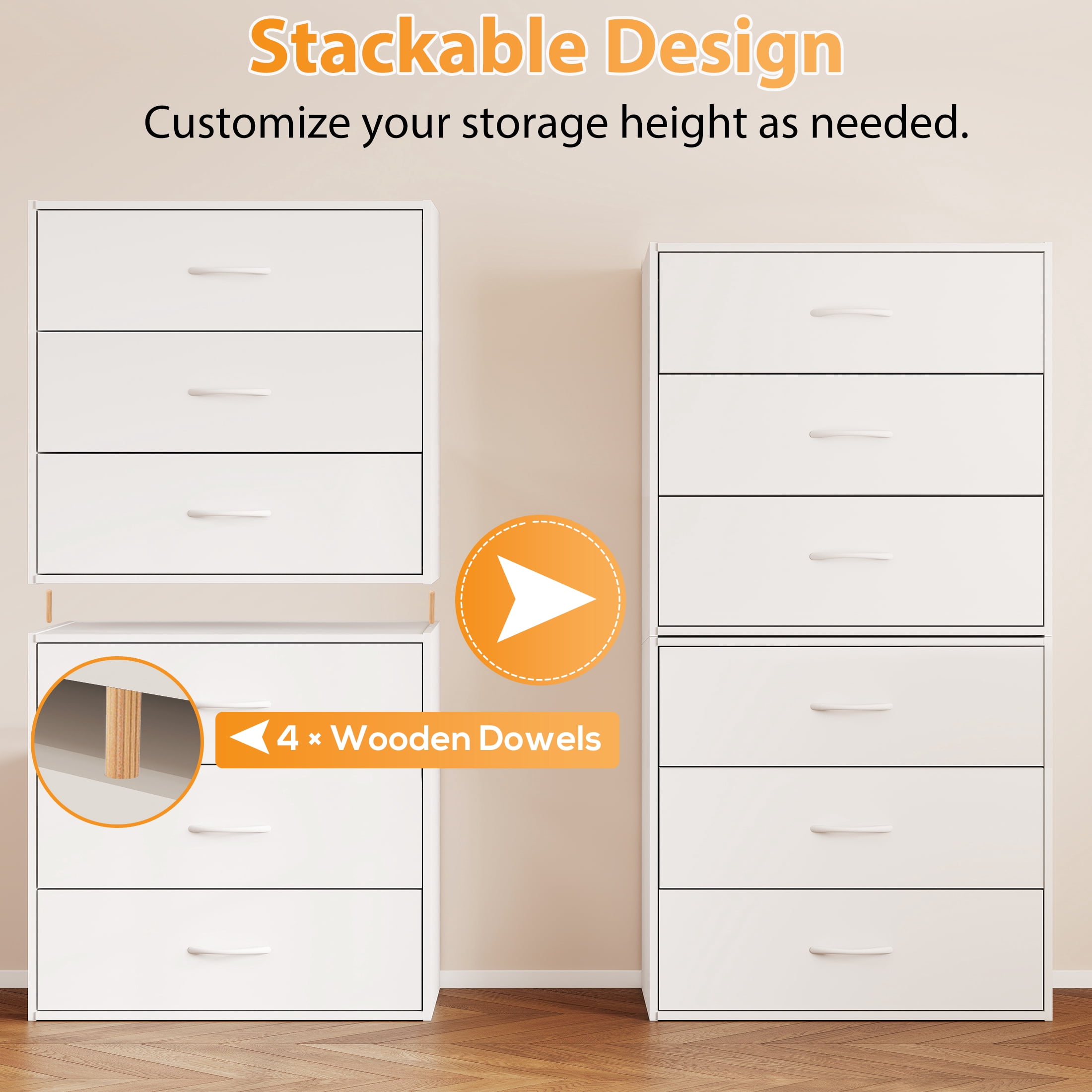 Prilinex Stackable 3 Drawer Dresser Set of 2, White Dresser for Bedroom with Wide Drawers, Wooden Small Dresser for Closet, Living Room, Entryway, Home Office, 23"W x 11.6"D x 24"H