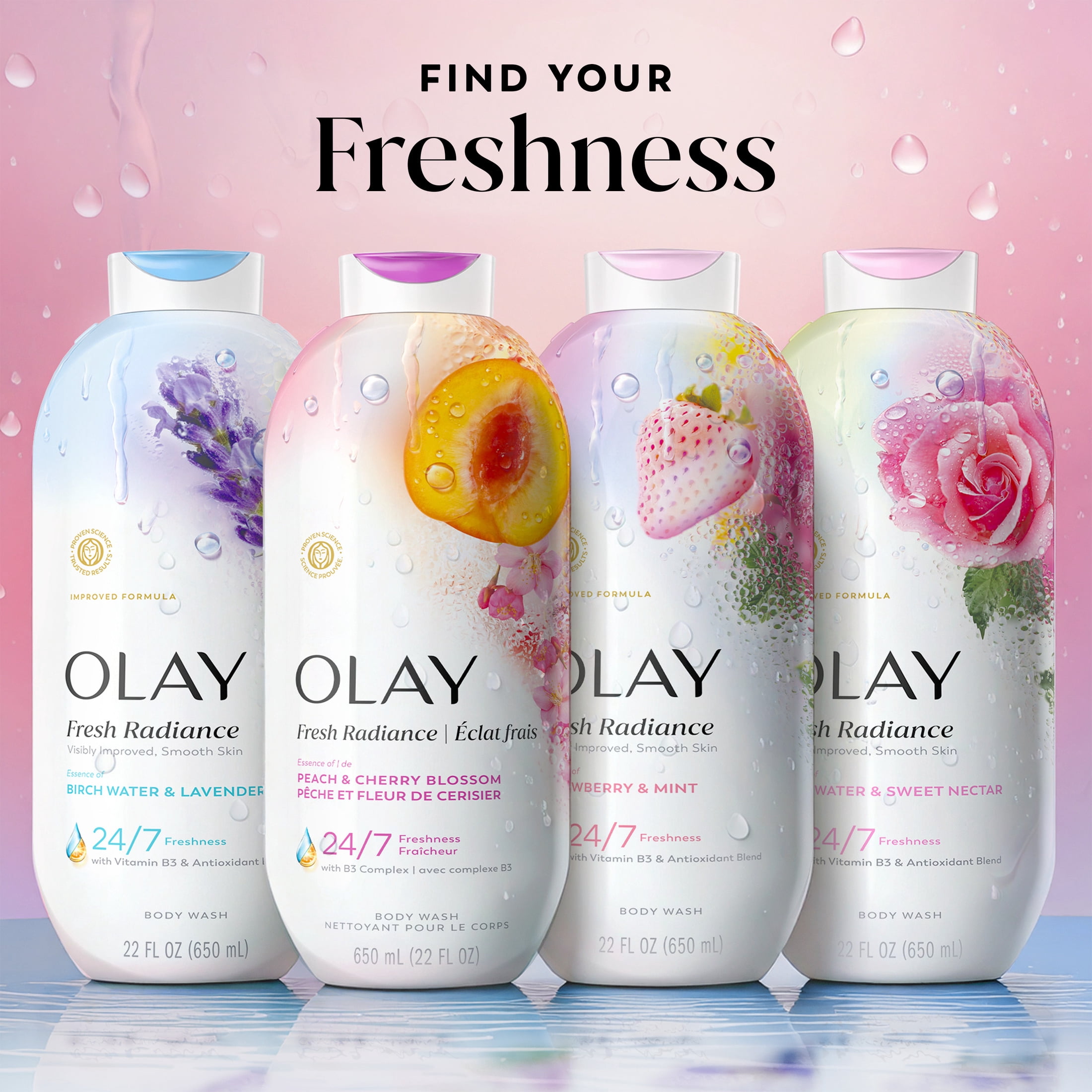(4 pack) Olay Fresh Radiance Body Wash with Essence of Peach and Cherry Blossom, Vitamin B3 and Antioxidant Blend