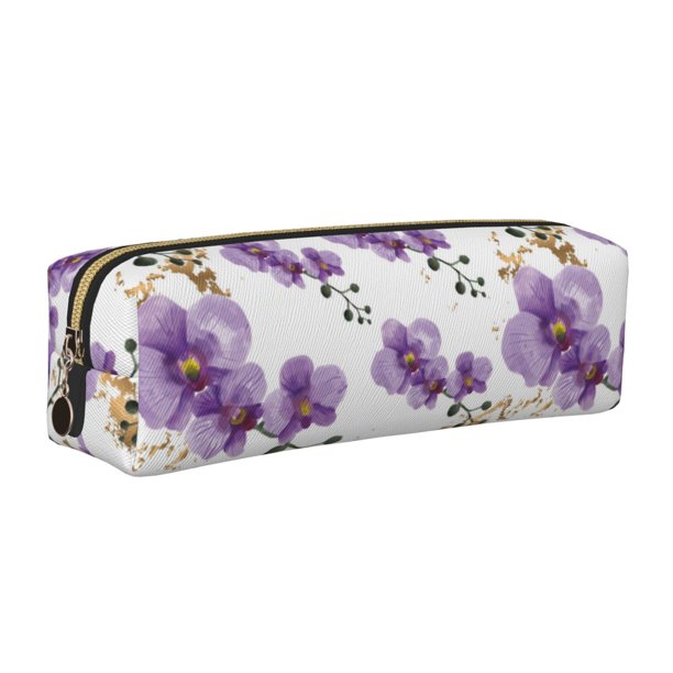 Fotbe Orchids Flowers Estuche para Lápices de Cuero con Estampado, Estuche con Cremallera Resistente, Organizador Compacto y Elegante para Papelería