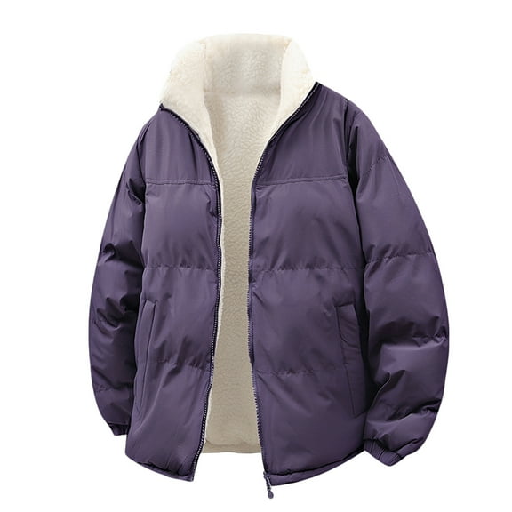 Sherpa Lined Puffer Jackets for Men Insulated Warm Long Sleeve Down Jacket Casual Winter Coat Purple 2XL