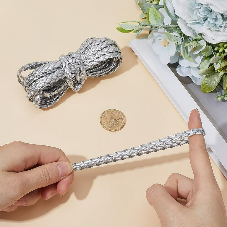 5m Braided Leather Cord 7mm Silver PU Leather Strings 2mm Thick Flat Folded Imitation Leather Rope Thread for Bracelet Anklets Necklace Jewelry Making