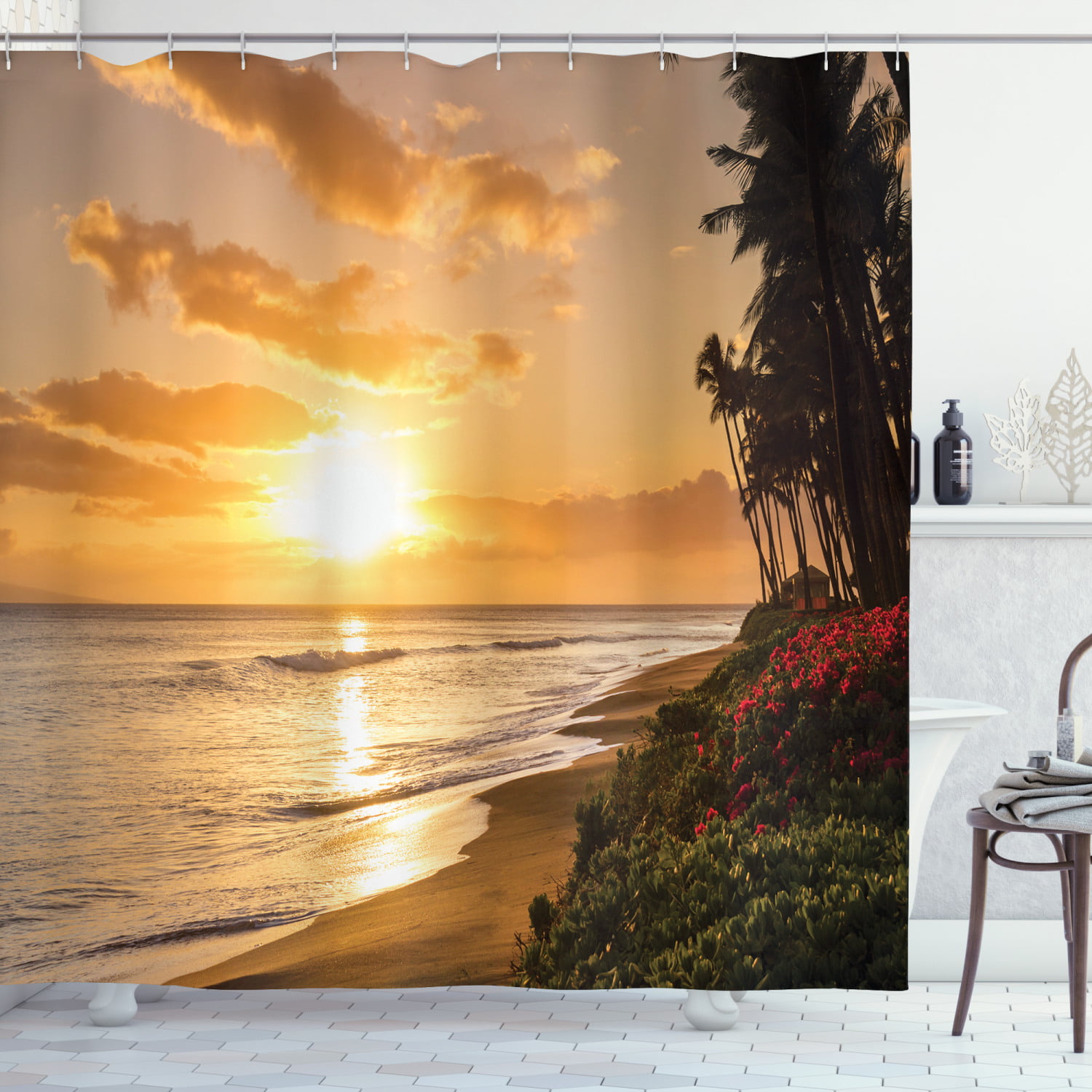 Tropical beach at sunset Shower Curtain Bathroom Decor Fabric & 12hooks 71*71in 