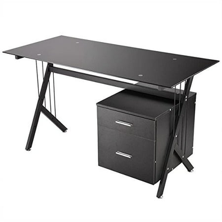 Tempered Glass Computer Desk With 2 Tier Drawers Pc Laptop Table
