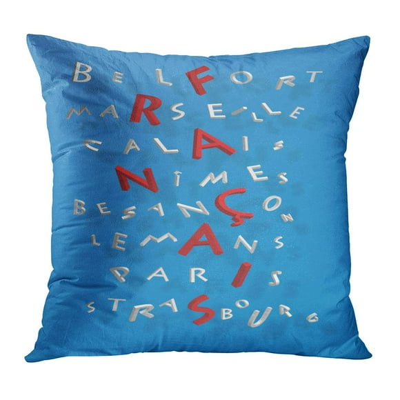 BOSDECO Blue Capital Puzzle of Word France Composed by Name French Cities Cartoon Character City Crossword Pillow Case Pillow Cover 16x16 inch