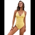 thumbnail image 3 of Traje de Baño de una Pieza para Mujer, Escote en V Profundo, Control de Abdomen, Tirantes Dobles Cruzados. Amarillo S, 3 of 10