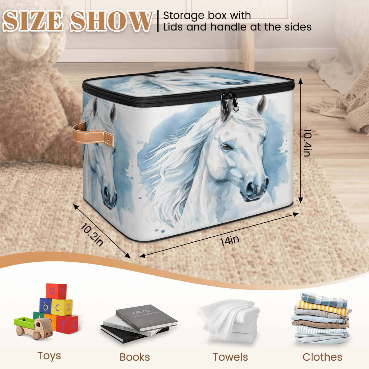 CURLYOOT Horse Fabric Storage Bins with Lids, Horse Animal Foldable Storage Boxes Washable Storage Cube, Closet Bedroom Home Organizer Containers with PU Leather Handles