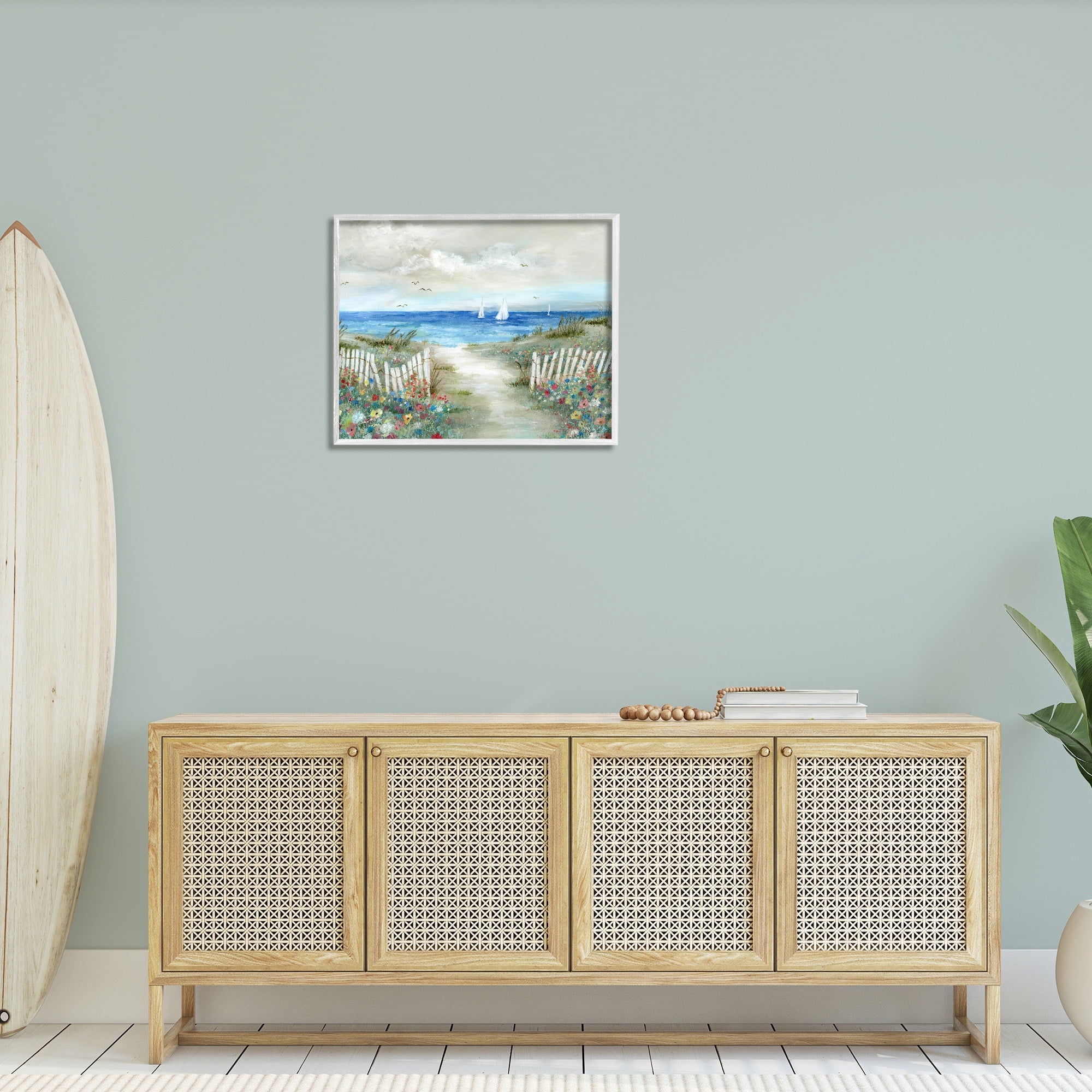 Stupell Industries Gorgeous Beach Scene Poppies Blooming White Fence Ocean , 30 x 24, Design by Nan