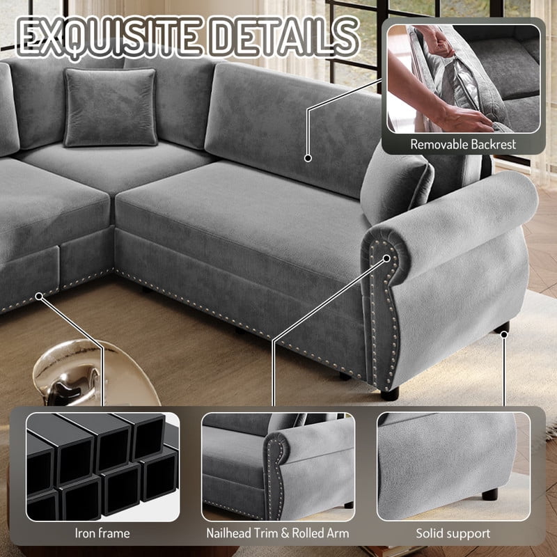 88.2" Sectional Sleeper Sofa with Pull Out Bed, Convertible Sleeper Couch with Nailhead Trim, 5-Seat Sectional Sofa Chenille Couch for Living Room Apartment