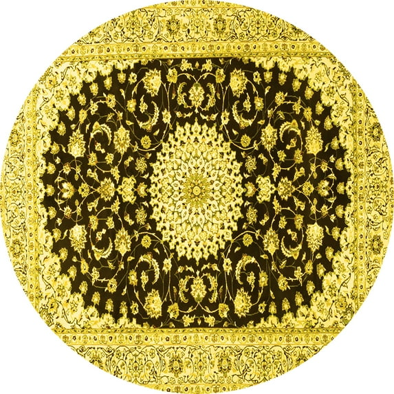 Ahgly Company Machine Washable Indoor Round Medallion Yellow Traditional Area Rugs, 3' Round