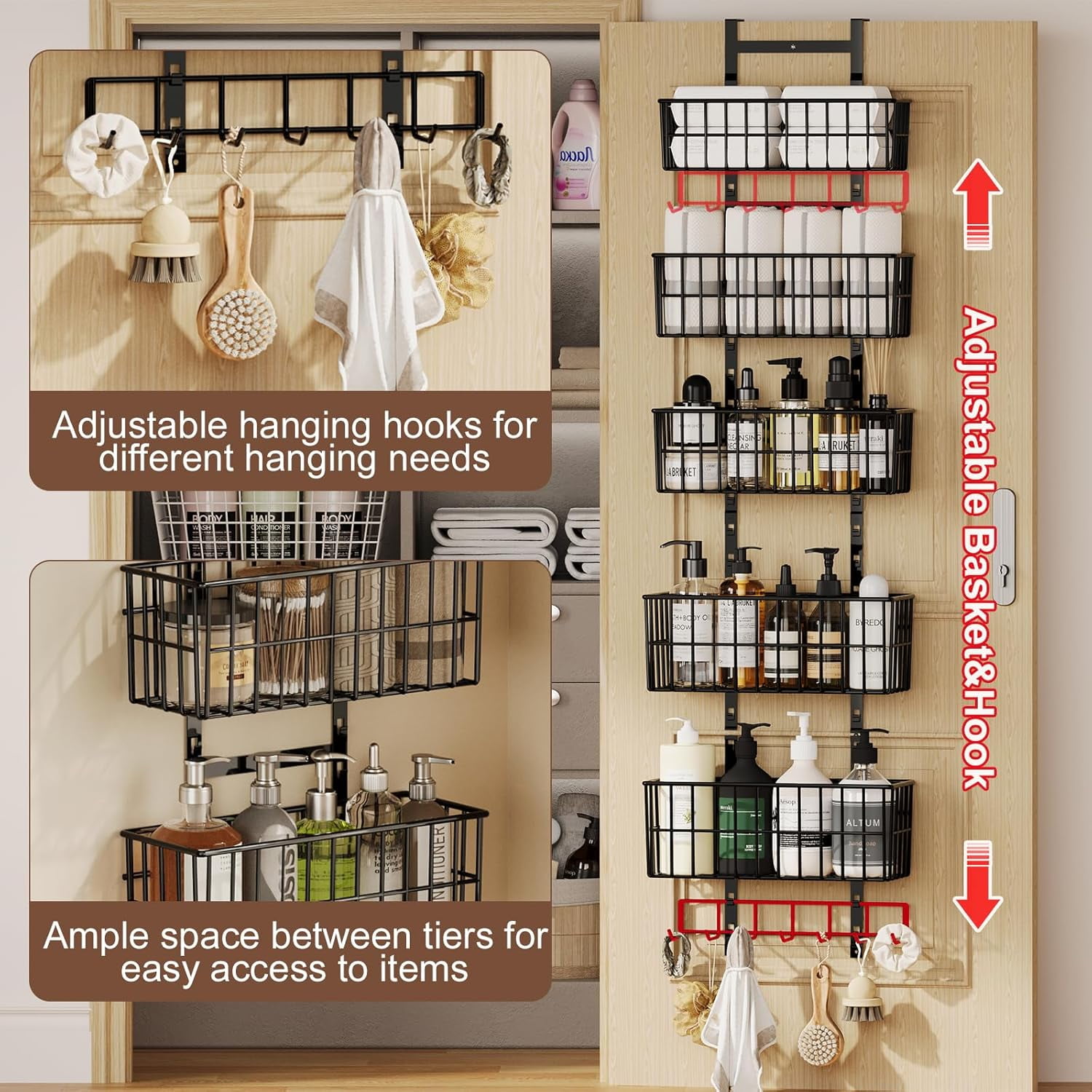 Adjustable Over The Door Organizer, Metal Hanging Door Organizer with 5 Wire Basket 7 Hooks, Wall Mounted Shelf for Pantry Laundry Organization and Storage