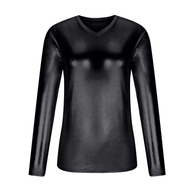 Camiseta informal de manga larga con cuello en V brillante para hombre, camiseta de manga larga a la moda para jóvenes, ropa de actuación Pompotops oipoqjl34878
