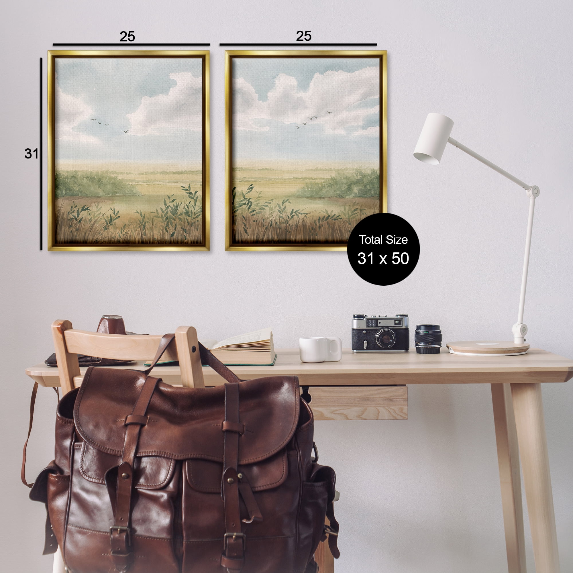 Stupell Industries Birds over Country Pastures Landscape & Nature Painting Gold Floater Framed Canvas Art Print Wall Art, 31 x 25, Set of 2