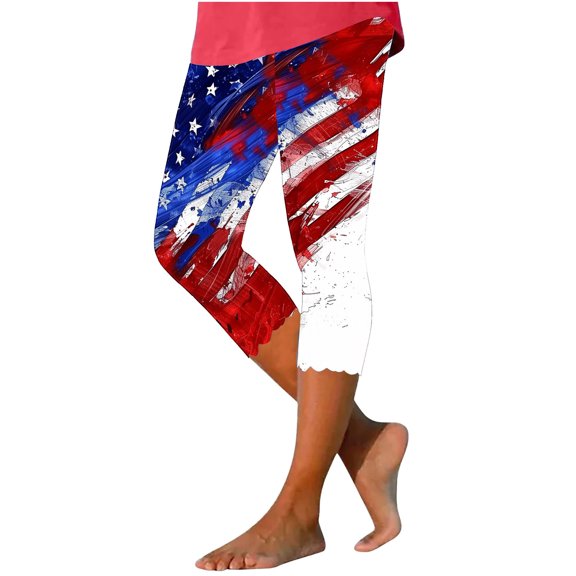 qelini USA Flag Leggings for Women Plus Size Capris Pants High Waist Print Ankle Pants Yoga Leggings