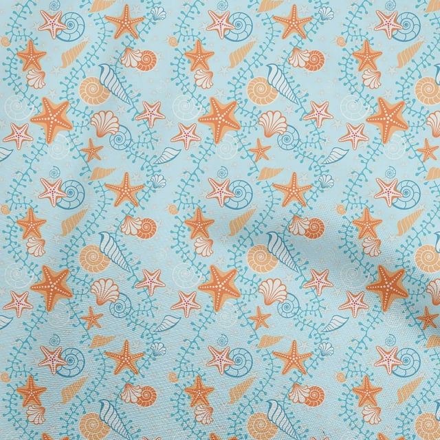 oneOone Polyester Spandex Baby Blue Fabric Beach Seashell Craft Projects Decor Fabric Printed By The Yard 56 Inch Wide