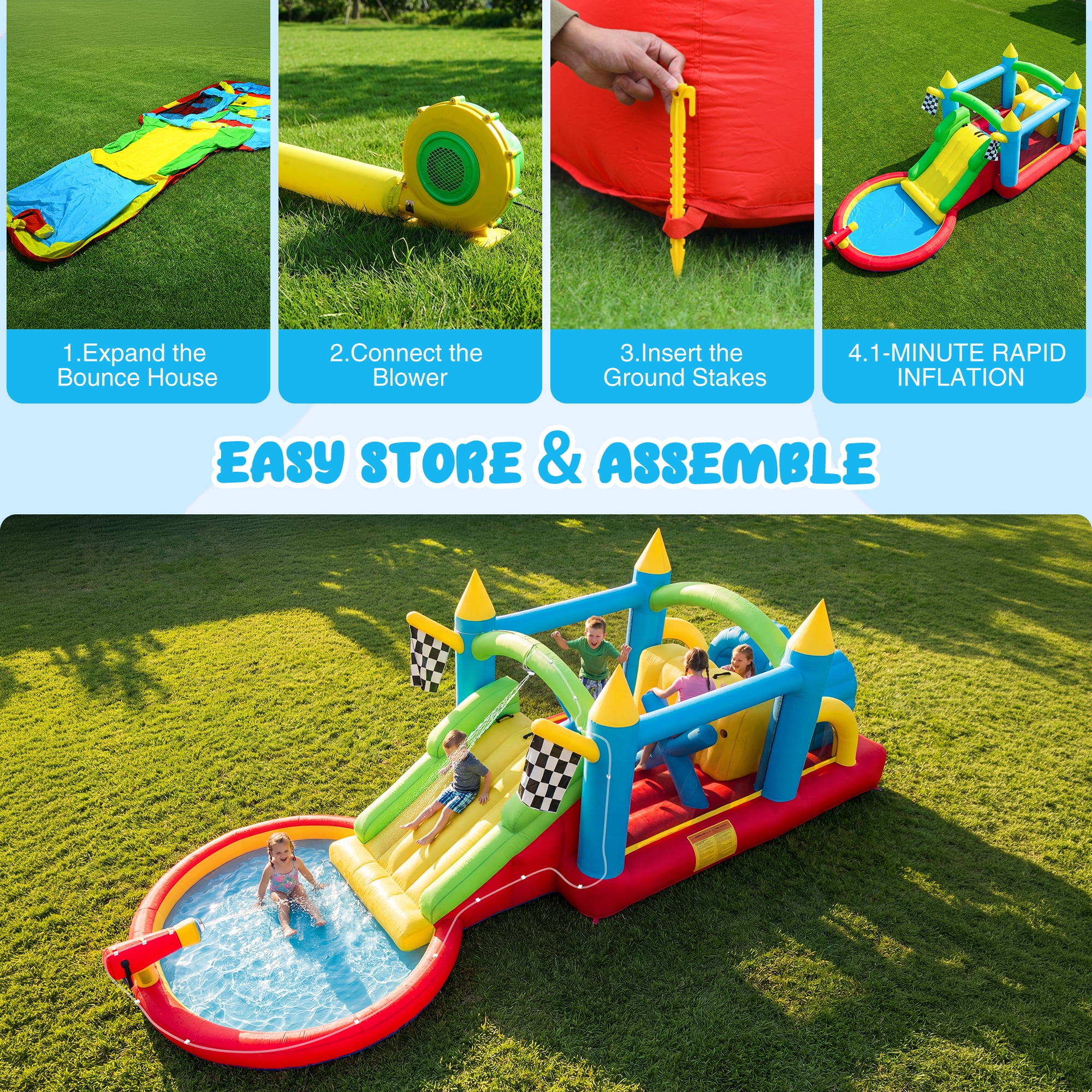 KloKick Jumbo Inflatable Water Park & Slide Castle – Dry/Wet Dual Use, 840D Fabric, 400lbs Capacity, for Climbing & Aquatic Fun