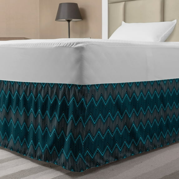 Abstract Bed Skirt, Horizontally Arranged Zigzags and Mini Polka Dots Concept, Elastic Bedskirt Dust Ruffle Wrap Around for Bedding Decor, 4 Sizes, Sea Blue Petrol Blue, by Ambesonne