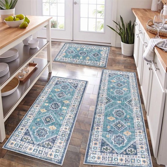 3-Piece Boho Kitchen Rug Set - Non-Slip Washable Floor Mats, Bohemian Decor for Kitchen, Hallway & Entryway, Soft Absorbent Rugs with Anti-Skid Backing，20"x32" 20"x48" 20"x59"
