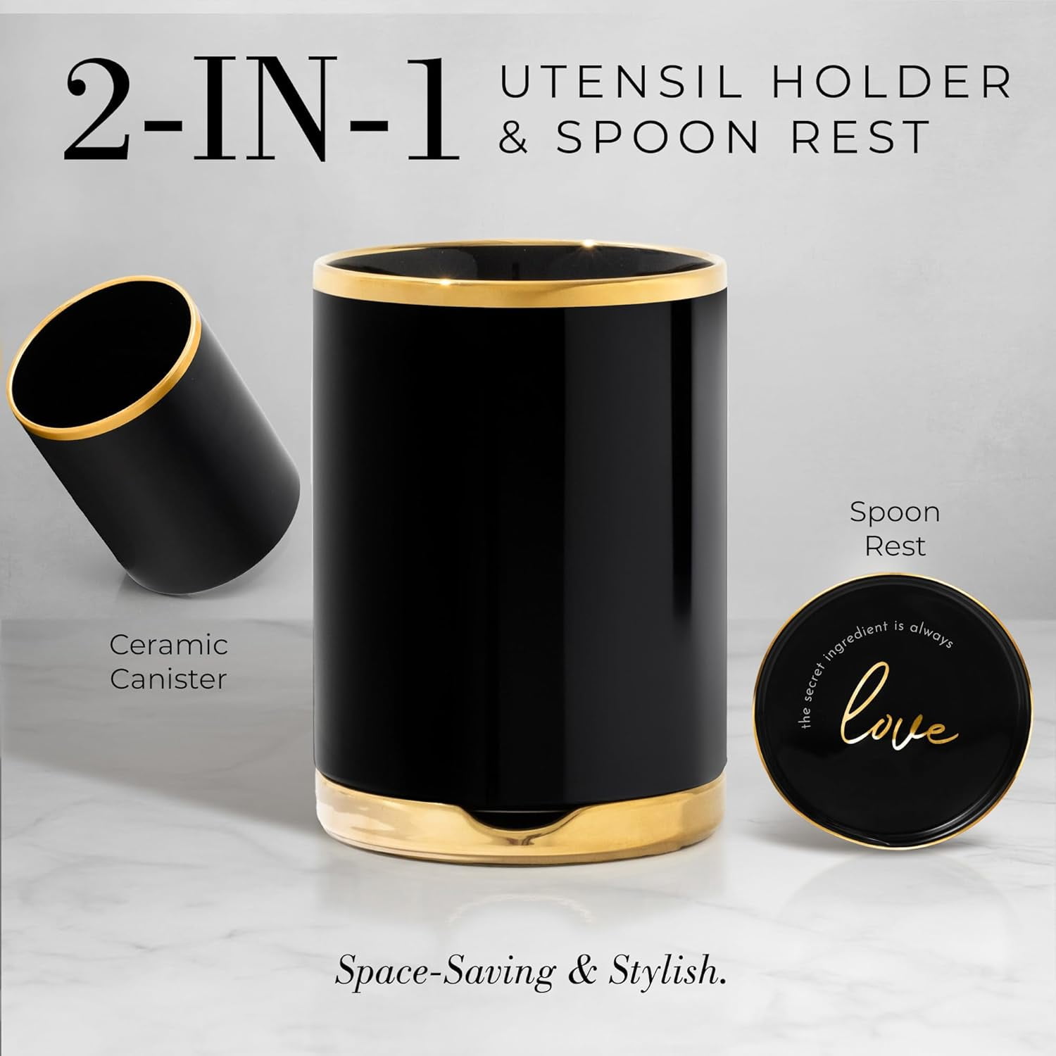 Styled Settings Black and Gold Kitchen Utensils Set – 8 Piece Silicone Cooking Utensils with Gold Handles, Black Ceramic Utensil Holder and Spoon Rest, Nonstick Safe and Heat Resistant