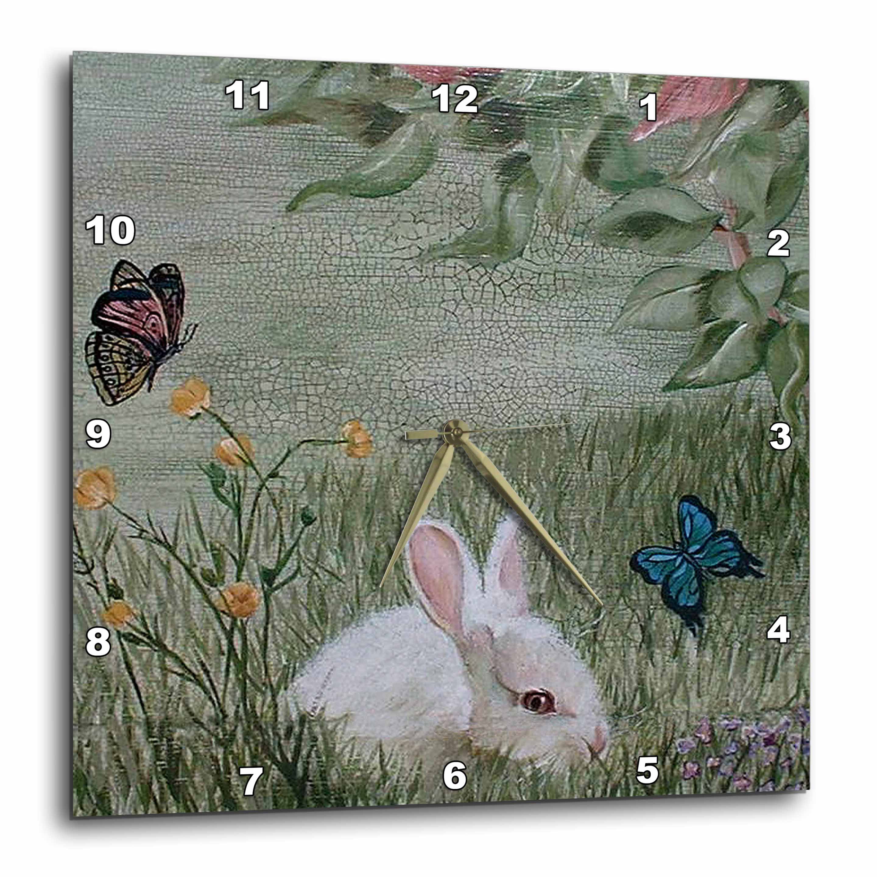 10 by 10-Inch 3dRose DPP_44347_1 Bunny Rabbit in Grass with Butterflies Flying Nearby Wall Clock