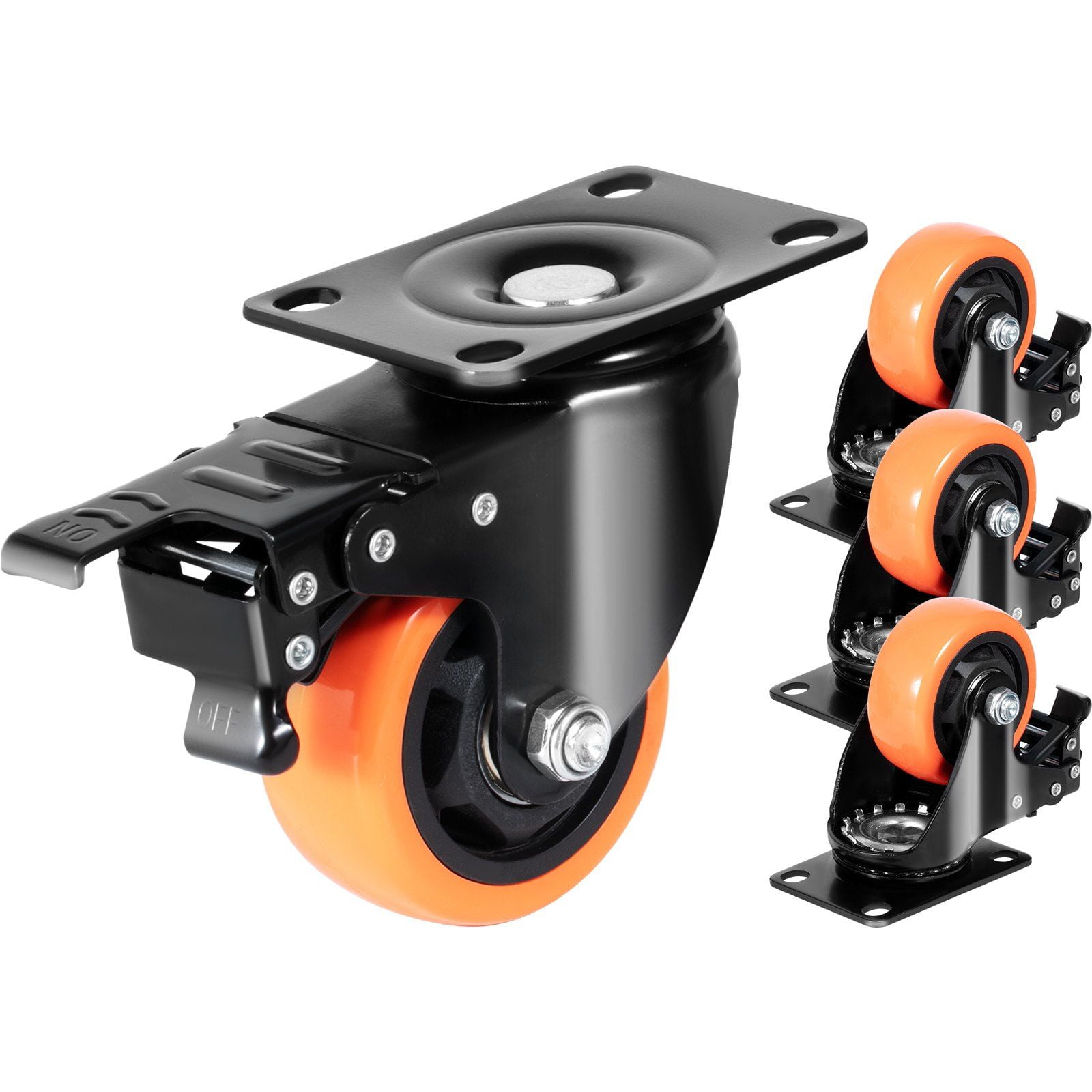 3-Inch Swivel Plate Caster Wheels with A/B Locking System, Set of 4, Heavy Duty 250 lbs Capacity Per Caster, Non-Marking PVC Wheels for Cart Furniture Workbench, Quiet and Secure