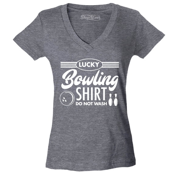Shop4Ever Women's Lucky Bowling Shirt Bowler Slim Fit V-Neck T-Shirt X-Small Heather Charcoal