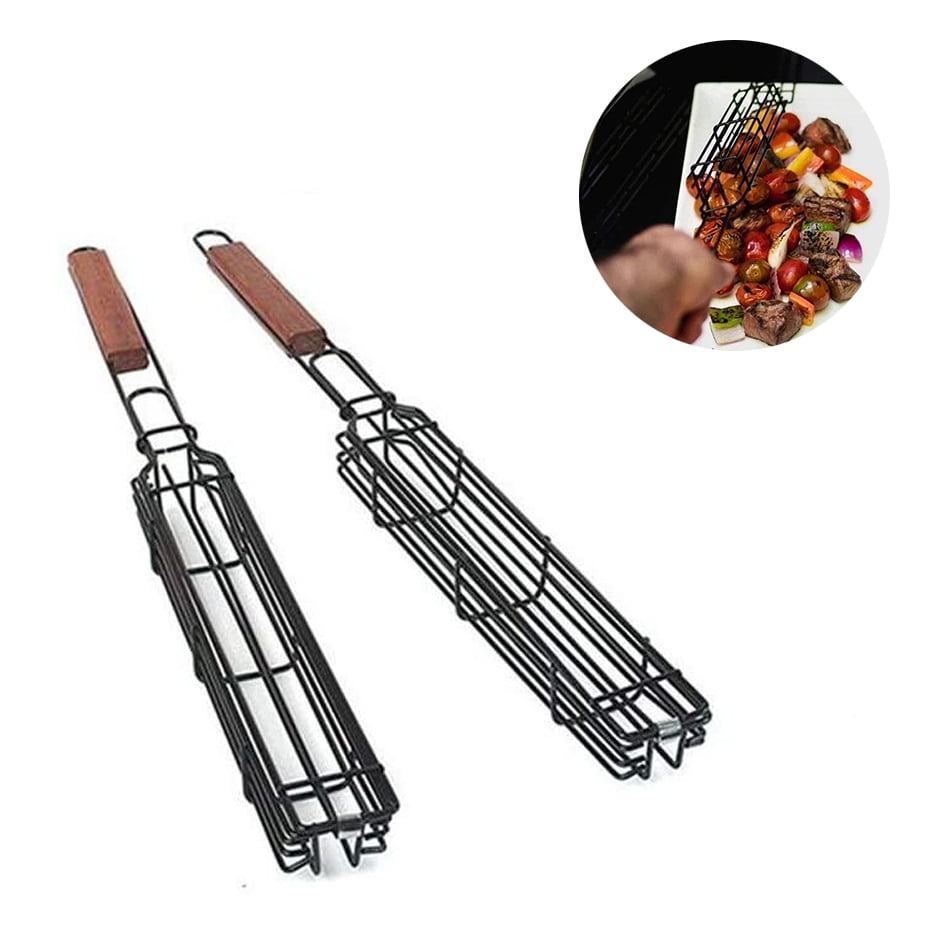 Hot Dog A Kabob Grilling Baskets & BBQ Skewers Shrimps Set of 4 Non-Stick Stainless Steel Kebab Barbecue Grill Box Tool with Lockable Grid and Wood Handle for Vegetables Meat 