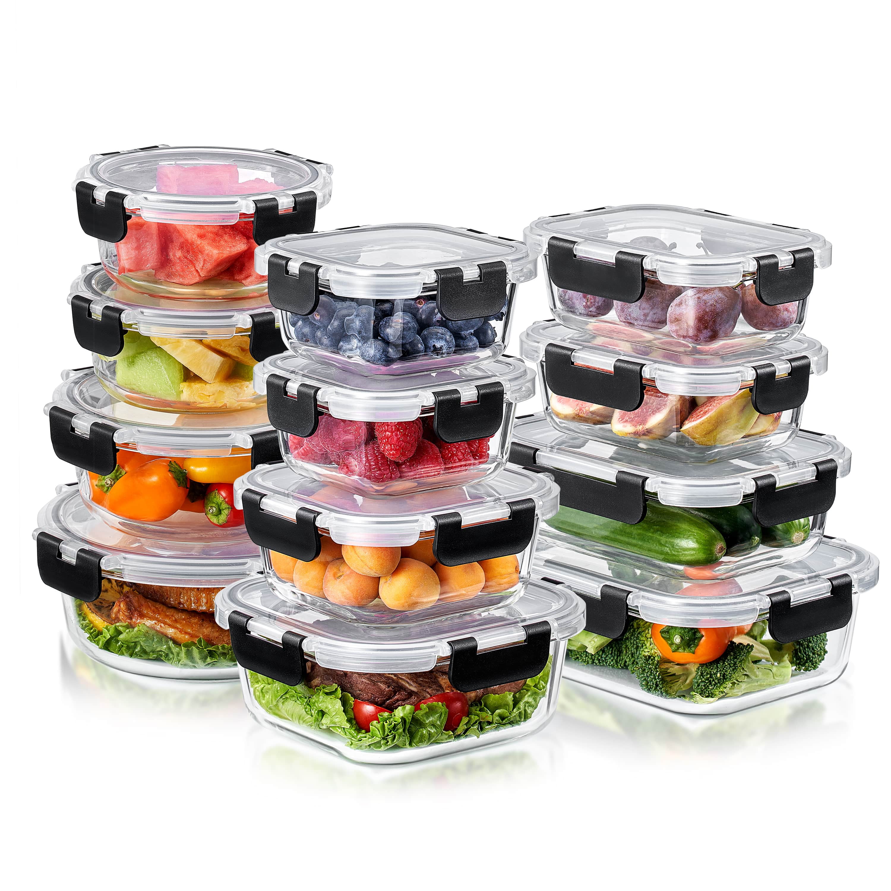 Sorbus 12pc Glass Meal Prep Containers – Airtight Lids – Oven, Freezer, Dishwasher Safe – Reusable Food Storage, 3 Shapes